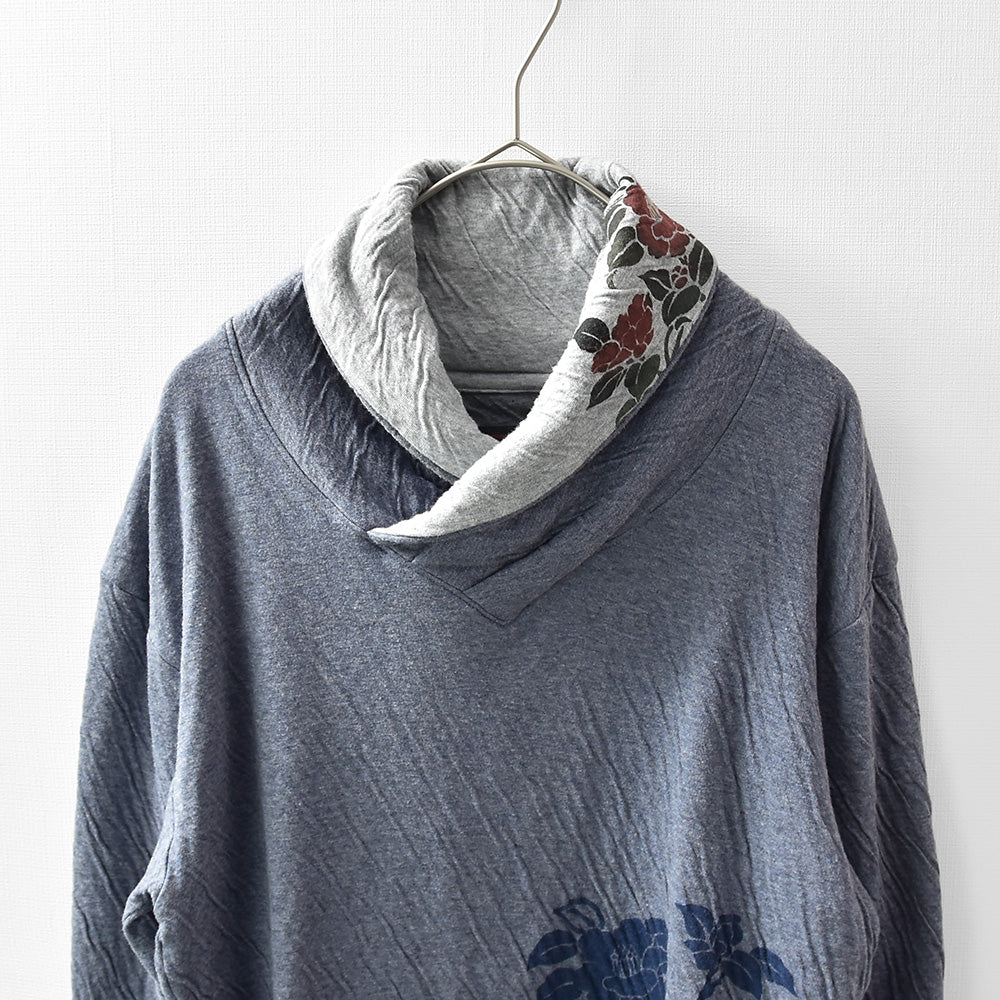 群集椿 着物衿接結ロングTシャツ