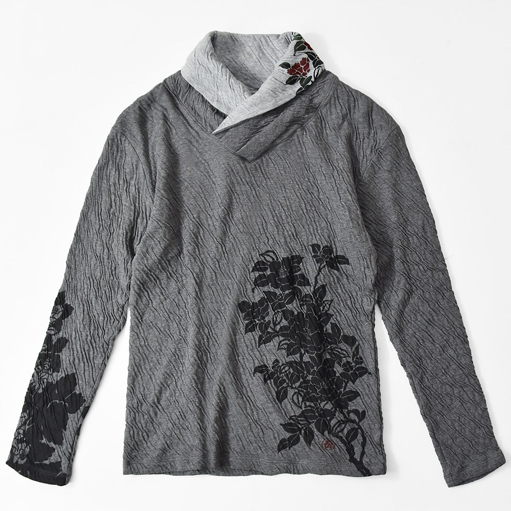 群集椿 着物衿接結ロングTシャツ
