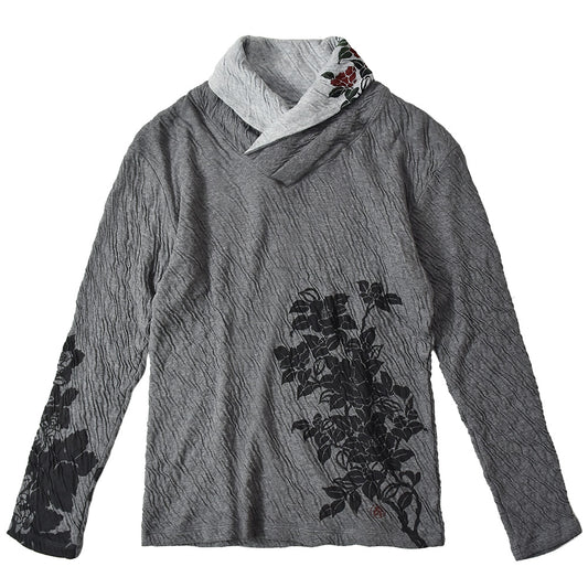 群集椿 着物衿接結ロングTシャツ