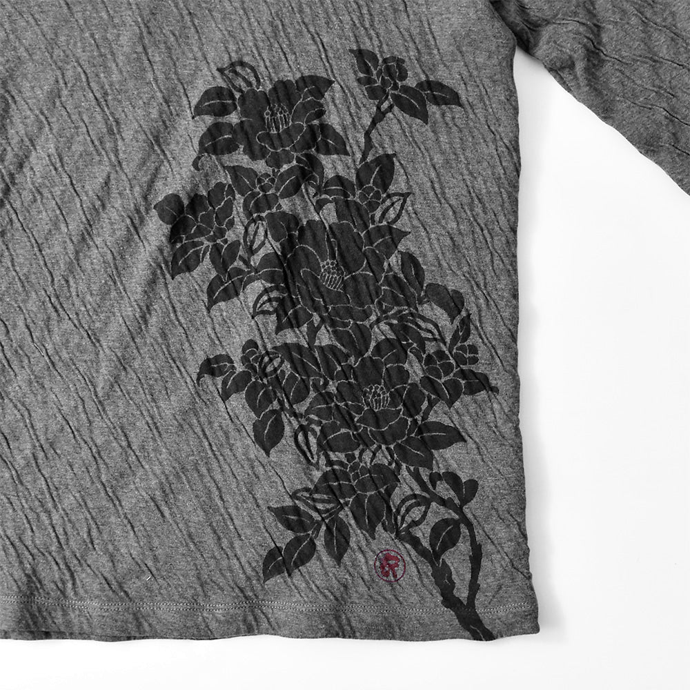 群集椿 着物衿接結ロングTシャツ
