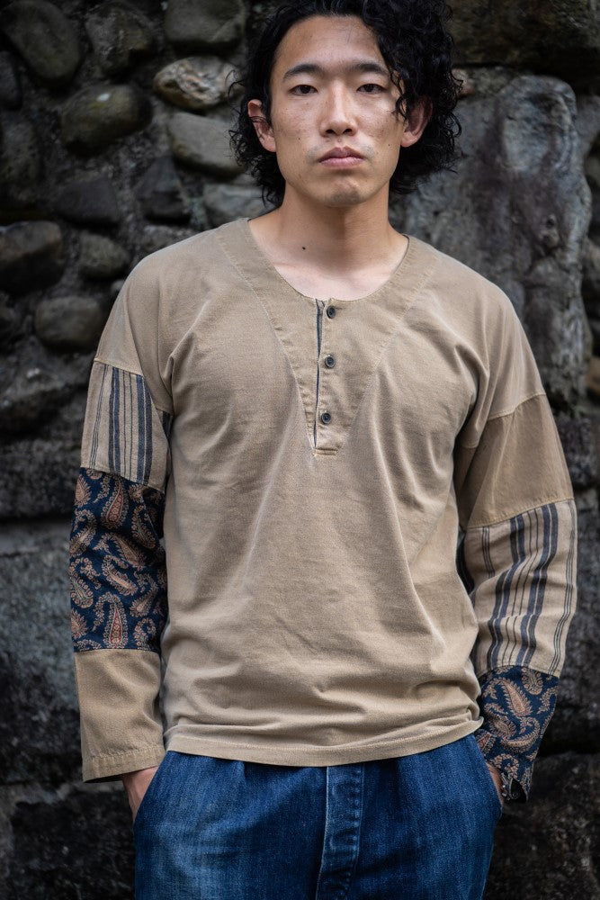 鯉口袖パッチワーク ロングTシャツ