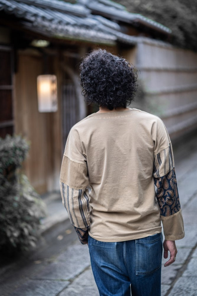 鯉口袖パッチワーク  ロングTシャツ