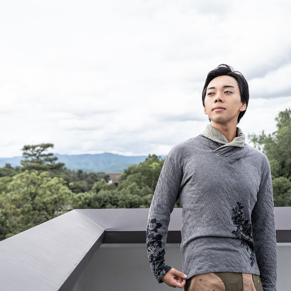 群集椿 着物衿接結ロングTシャツ