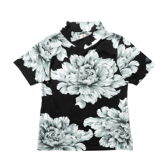 水墨牡丹慎まし着物衿半袖Tシャツ