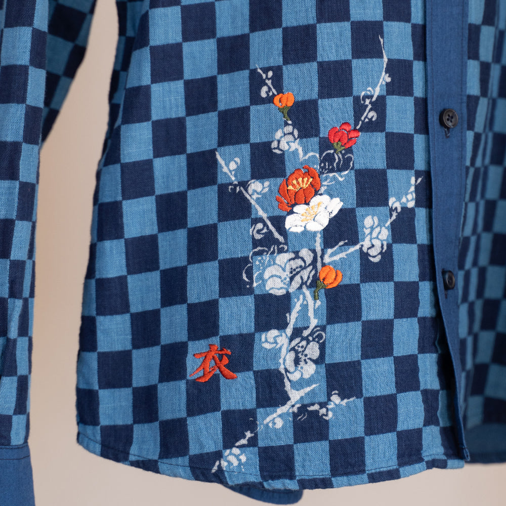 市松梅刺繍長袖シャツ