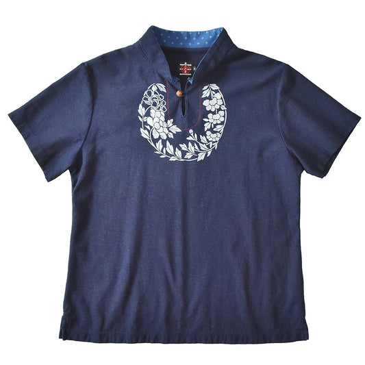 花丸文様 マオカラーTシャツ