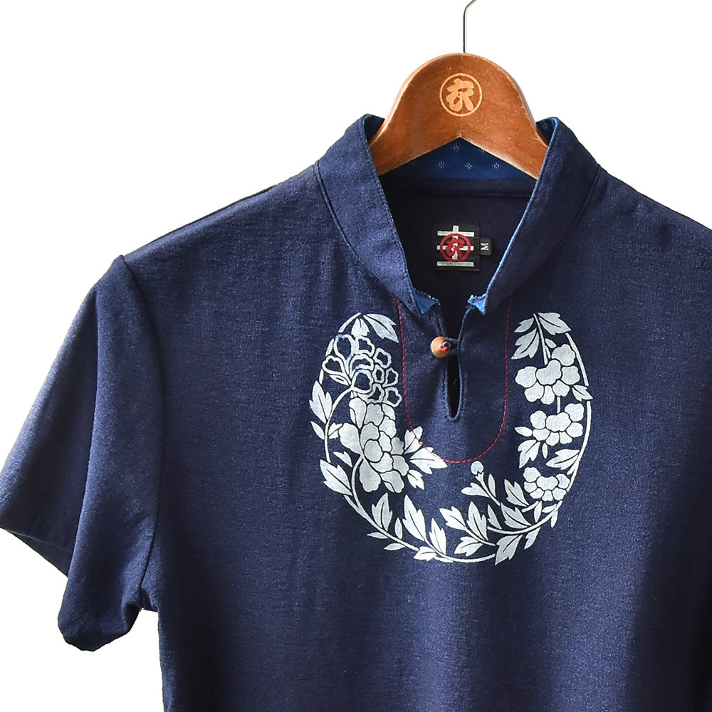 花丸文様 マオカラーTシャツ インディゴ そろばん レディース 日本製