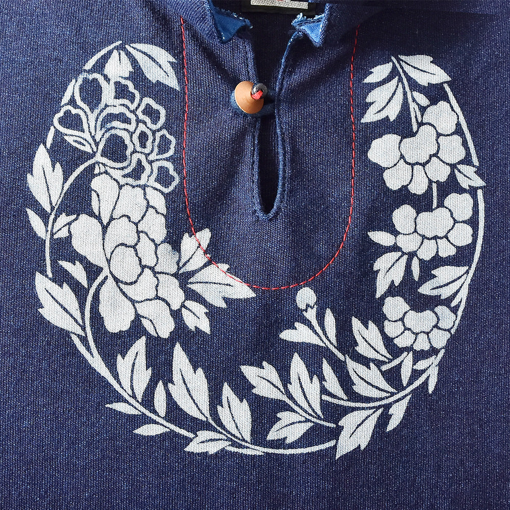 花丸文様 マオカラーTシャツ インディゴ そろばん レディース 日本製