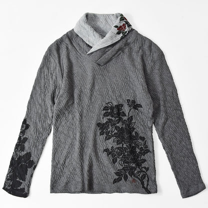 群集椿 着物衿接結ロングTシャツ