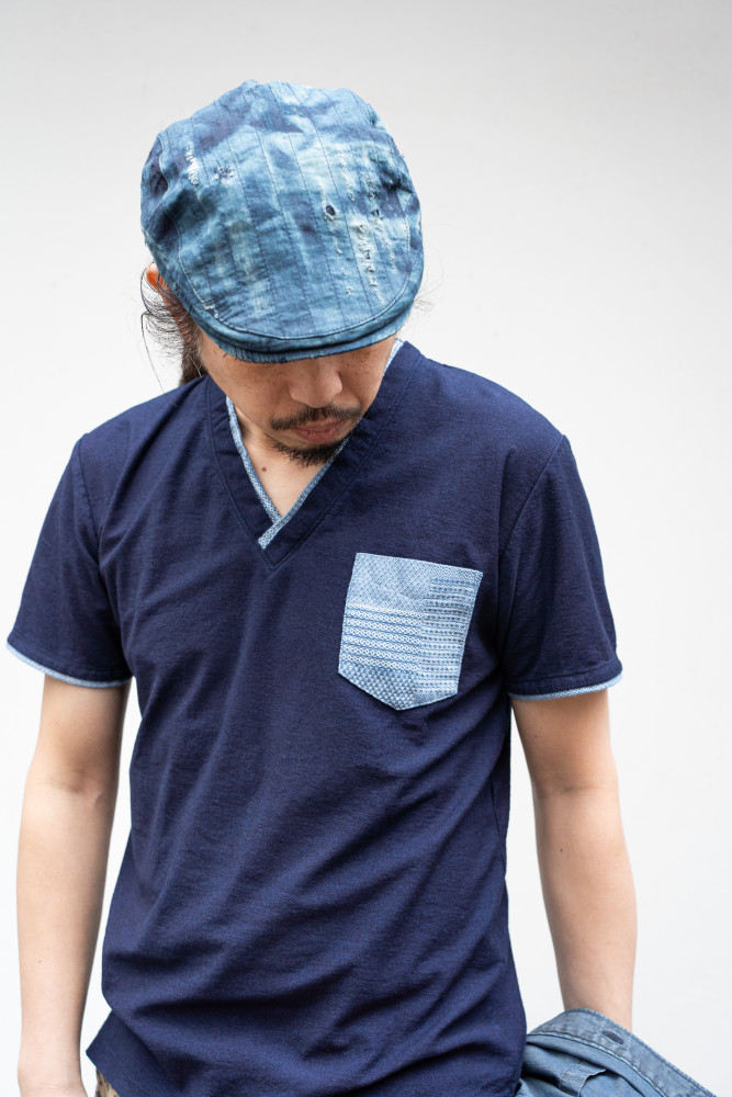 インディゴVネック半袖Tシャツ