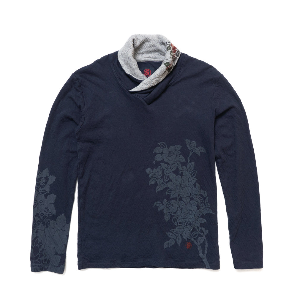 Dual-layered fabric Kimono collar T-shirt "Camellia"